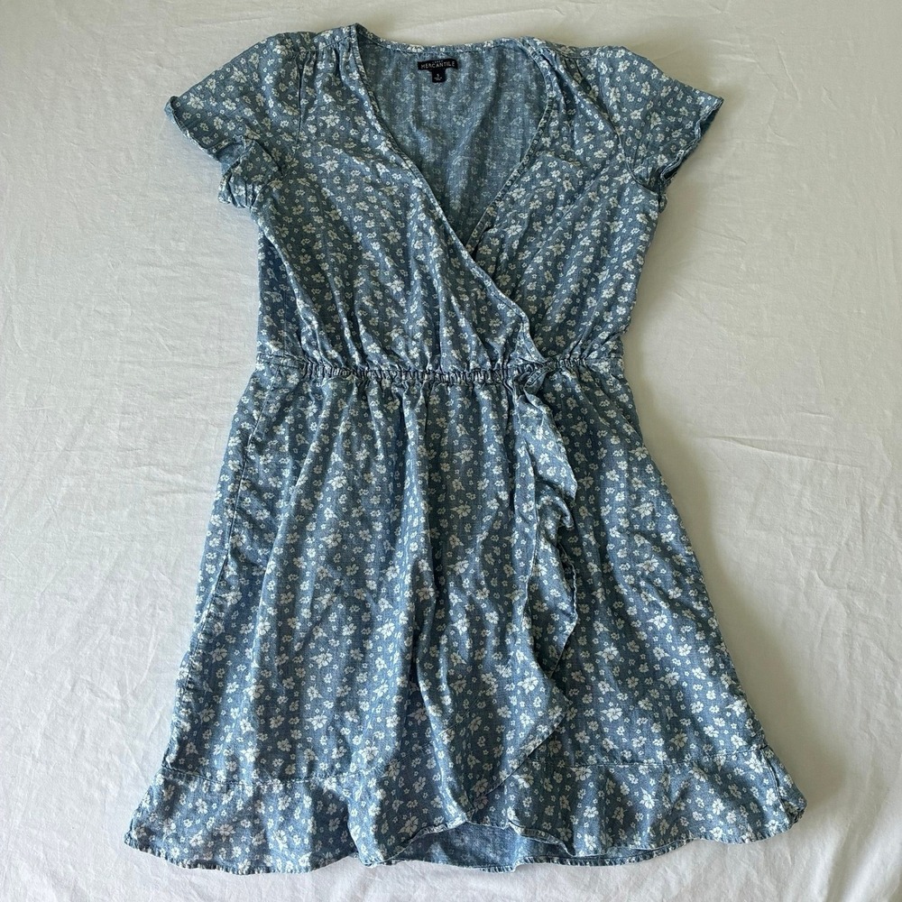 J. Crew Mercantile Blue Floral Cotton Wrap Mini Dress Short Sleeve Size S